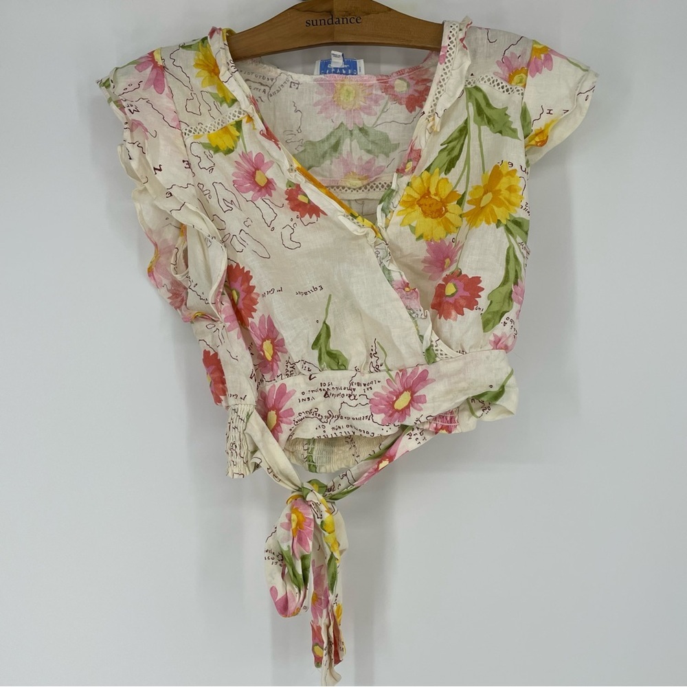 Calypso St. Barth Floral Wrap Ruffle Linen Blend Natural Shirt cropped medium